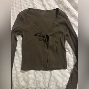 Brandy Melville Olive Ribbed Tie-Front Long Sleeve Top